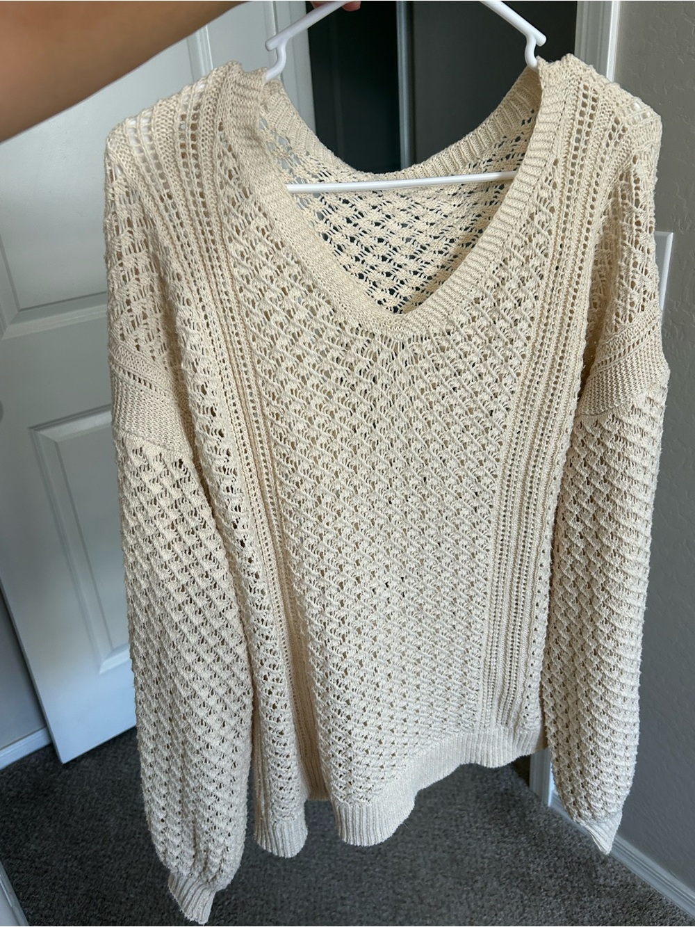 Open-Knit V-Neck Sweater in Cream